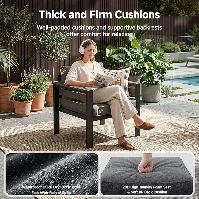 Outdoor Aluminum Patio Furniture Armchair, 2Pcs Rust-resistant Patio Conversation Armchair with Thick Washable Cushions and Coffee Table, Oversized 3.2” Widened Armrest for Backyard Porch Deck