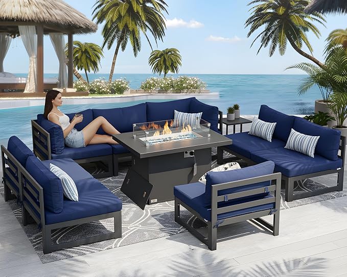 NICESOUL 9 Piece Large Modern Aluminum Outdoor Patio Furniture Set with Fire Pit Table Propane/Gas, 29" Wide Deep Seating, No Rust Sectional Sofa, 500 lbs Sturdy Backyard Conversation Set, Navy Blue