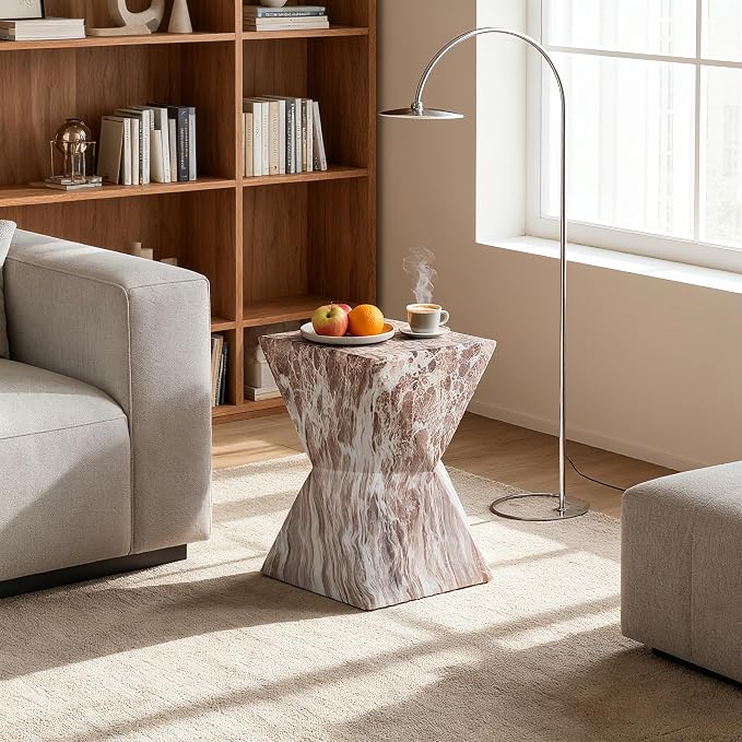 Faux Terrazzo Tree Stump Stool Table, Modern Cement Outdoor Side Table for Patio & Garden, Round Accent Table Indoor and Outdoor, Marble