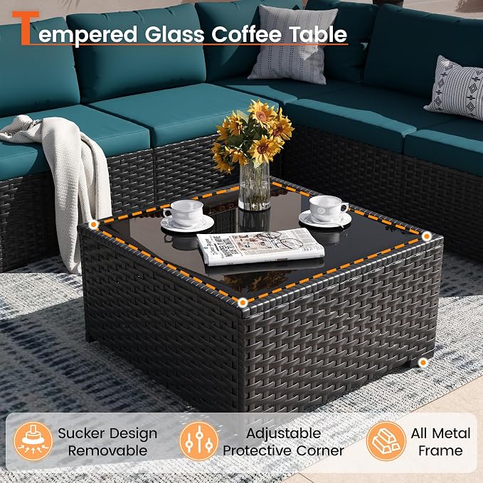 Patio Furniture Set, 7-Piece Outdoor Sectional All-Weather Wicker Patio Conversation Set for Backyard, Garden, Peacock Blue