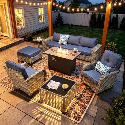 9-Piece Wicker Outdoor Sectional Furniture with Fire Pit, Wide Armrest Patio Couch Set Swivel Rocking Chair Ottoman Solar Table, Modular Conversation Sets for Backyard Deck Garden, Denim Blue