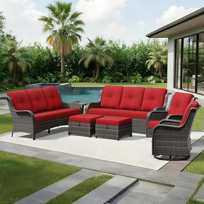 Joyside 7 Piece Wicker Patio Furniture Set, Outdoor Swivel Rocker Patio Chairs with High Back, Deep Seating, Wide Armrest, Thickened Cushions, Outdoor Furniture for Deck, Porch Use
