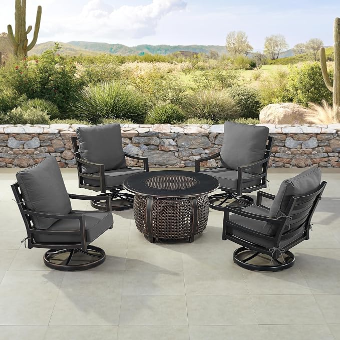 Oakland Living Black Aluminum Patio Fire Table Set with Four Club Chairs with Black Cushions