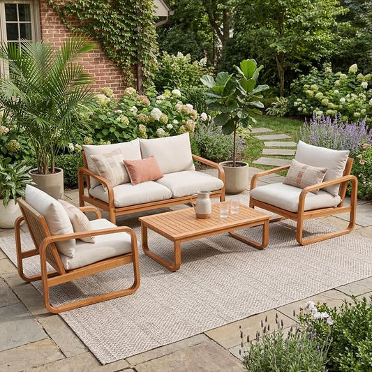 Christopher Knight Home Coddy 4-Seater Patio Furniture Set with Coffee Table, 4 Piece Outdoor Acacia Wood Conversation Set with Cushion, Sold Wood Outdoor Sectional Sofa Set, Beige+Natural