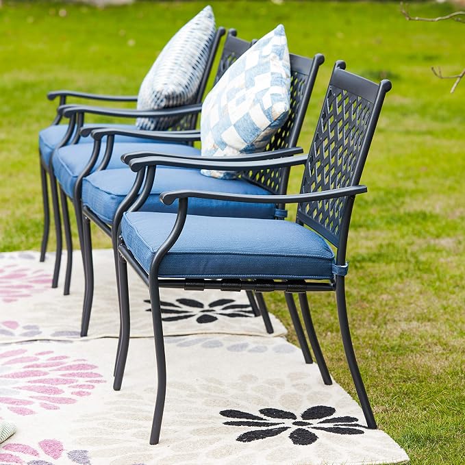 LOKATSE HOME Patio Dining Chairs Set of 4, Stackable Metal Wrought Iron Outdoor Chairs with Armrests & Thick Blue Cushions, All-Weather Heavy Duty Furniture for Garden, Backyard, Deck & Balcony
