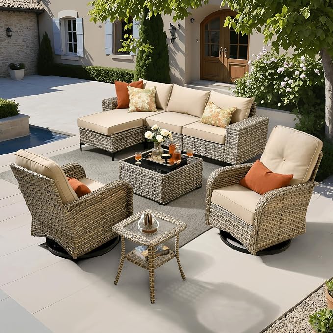 ovios 8-Piece Patio Furniture Set with L-Shape Sofa Chaise, Outdoor Sectional Couch Swivel Gliders, Modern Modular Wicker Rattan Conversation Set, Beige