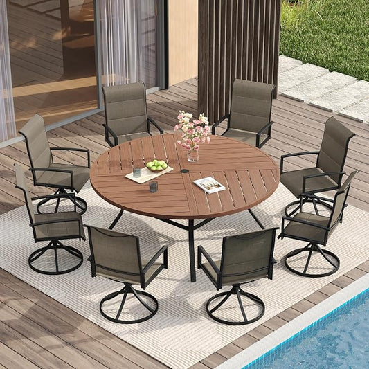 VICLLAX Patio Dining Set for 8, 8 Seats Outdoor Furniture Includes 59.9" Round Patio Table and Swivel Padded Chairs, Walnut Tabletop and Mixed Brown Fabric