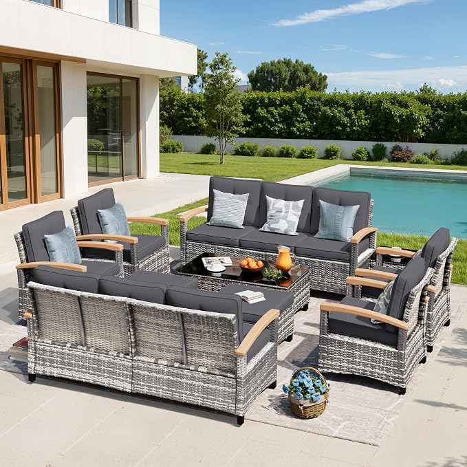 MEISSALIVVE 10 Pieces Outdoor Patio Furniture Sets, Wicker Patio Conversation Sets with 2 Wood Armrests Swivel Glide Chairs,2 Single Chairs, Outdoor Couch and Coffee Table(Grey)