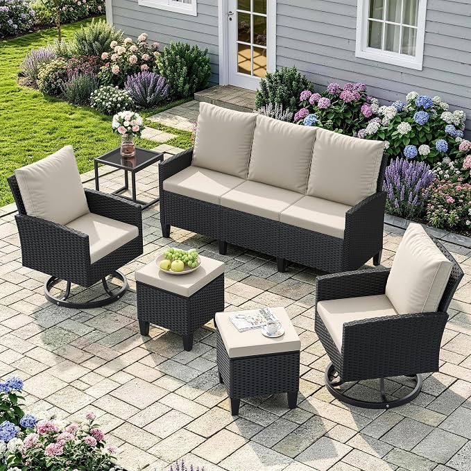 Amopatio Outdoor Patio Furniture Set, 6 Pieces Conversation Sofa with 360° Swivel Chairs, All Weather Wicker Outdoor Furniture for Backyard Garden Pool Deck,Beige