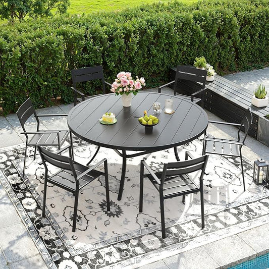 DIFY 7 Piece Outdoor Patio Dining Set for 6, Patio Table and Chairs Set with Umbrella Hole, 50" Round Dining Table and Stackable Metal Chairs for Backyard Garden Poolside, Black