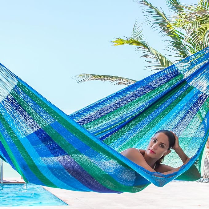 NOVICA Artisan Sea Breeze Double Hammock, Handmade Blue Striped Nylon Mayan Rope Style, Mexico Beach Bonfire [Bed Size 78 L x 78 W Total 158 L]