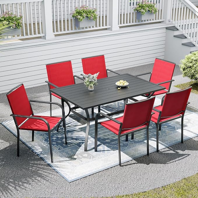 Patio Dining Set,Including 60"x 38" Steel Slat Dining Table and 6 Stackable Patio Chairs,Outdoor Furniture Set with 1.6" Umbrella Hole for All Weather