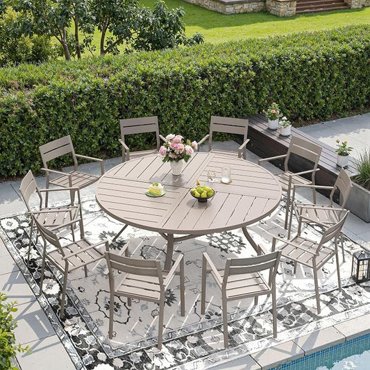 DIFY 11 Piece Outdoor Patio Dining Set for 10, 59.8" Round Dining Table with Umbrella Hole and Stackable Metal Chairs, Patio Table and Chairs Set for Backyard Garden Poolside, Sandshell