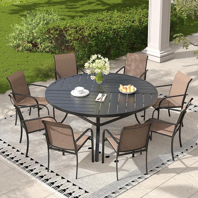 Patio Table and Chairs Sets for 8, Outdoor Dining Set with 8 Stackable Dining Chairs and 54" x 54" Round Thick Slatted Table for Backyard, Deck, Lawn, Garden, Brown & Black