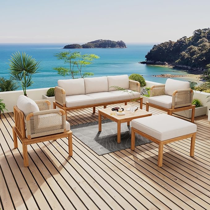 Virubi 5-Piece Acacia Wood and Rope Patio Sofa Set, Water-Repellent Cushions, Wide Deep Seats with 3-Seater, 2 Club Chairs, Ottoman & Table, Outdoor Conversation Set for Patio Garden