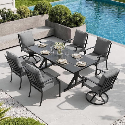 7 Pieces Patio Dining Set Outdoor Conversation Set,Metal Outdoor Furniture Set with Umbrella Hole Cut-Out 78.7" x 35.4" Table and 8 Metal Chairs for Backyard,Garden,Grey