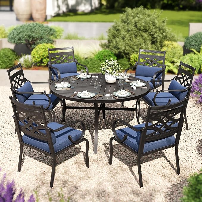 PHI VILLA Patio Dining Set, Round Metal Table | Metal chairs, Blue, Umbrella Hole, Cushions, E-coated