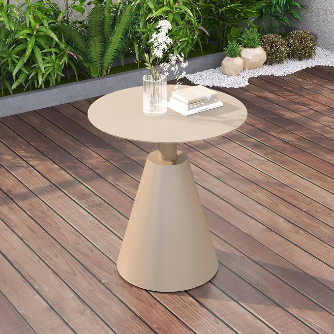 Accent Round Side Table Weather-Resistant Aluminum Structure, End Table for Living Room, Bedroom, Indoor & Outdoor Balcony Table (Color: Camel)