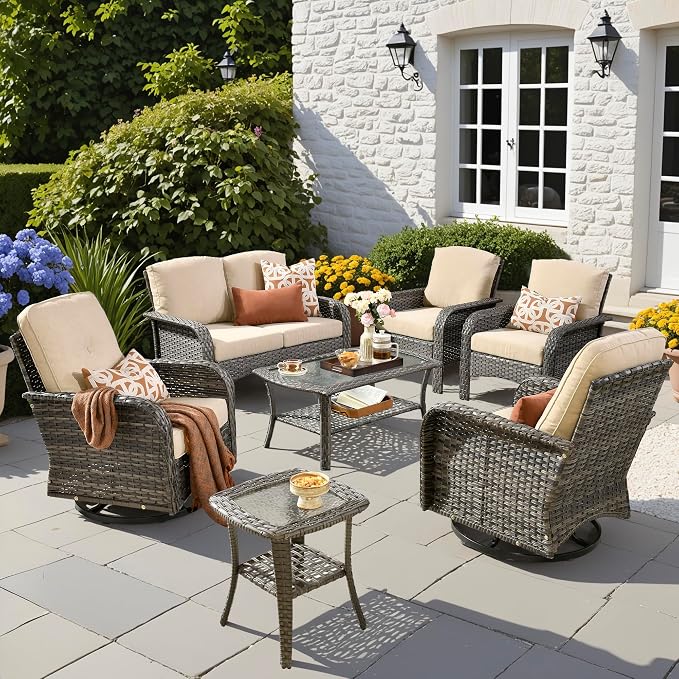 7 PCS Patio Outdoor Furniture Set with Swivel Rocking Chairs,All Weather Wicker Rattan Patio Seating Sofa and Chairs Set,Outdoor Conversaiton Sets for Deck Yard Prrch Garden Poolside,Beige