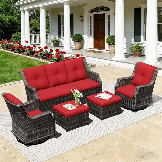 Outdoor Patio Furniture Set, 5 Piece Wicker Patio Furniture with Thick Cushions, Curved Armrest, Deep Seating, Outdoor Swivel Rocker Chairs for Porch, Deck, Balcony