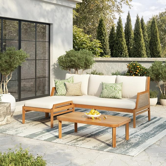 Christopher Knight Home Pony 3 Piece Acacia Wood Patio Conversation Sofa with Coffee Table and Ottoman, Outdoor 3-Seater Sofa Set for Backyard, Outdoor Patio Furniture Set, Teak+Cream+Brown