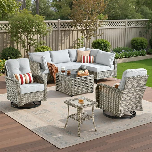 8 Pieces Patio Sectional Furniture Set, Outdoor Wicker Sectional Couch with High Back Swivel Rocker Chairs Solar Lights Table, Modern Conversation Set for Porch Balcony Backyard, Gray