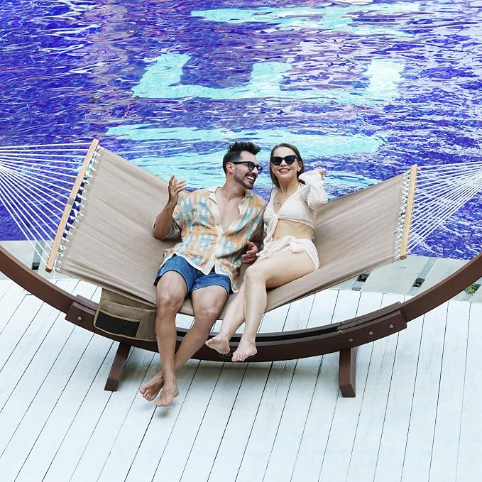Lazy Daze Hammocks 11 FT Double Outside Hammock Quick Dry Olefin Fabric Hammock with Spreader Bar & Side Pocket for Outdoor Poolside Backyard 450 lbs Capacity, Khaki