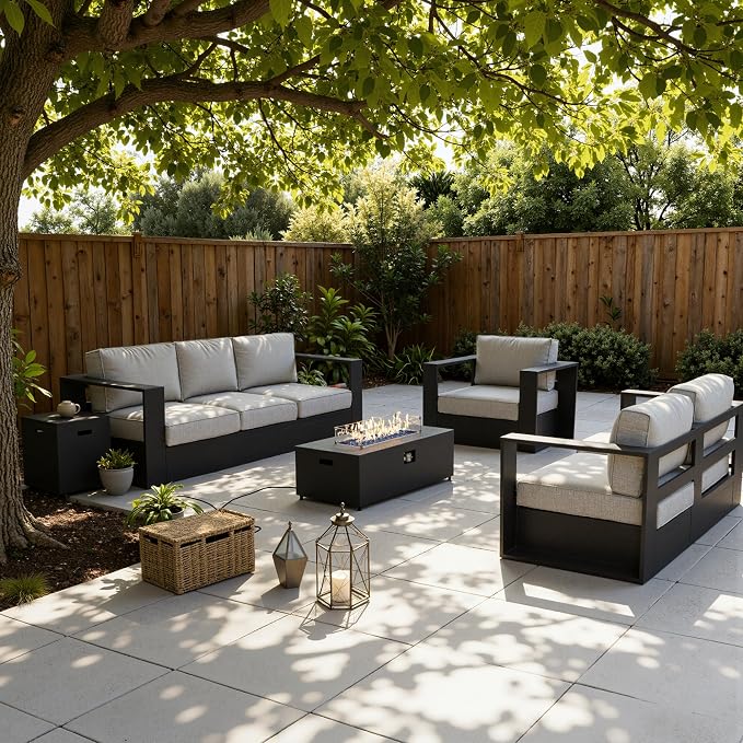 LayinSun Oversized Aluminum Outdoor Furniture Set, 4 Piece Patio Sofa Sets with Fire Pit Table, Deep Seating and Upgraded 6-inch Cushions for Porch, Balcony, Deck