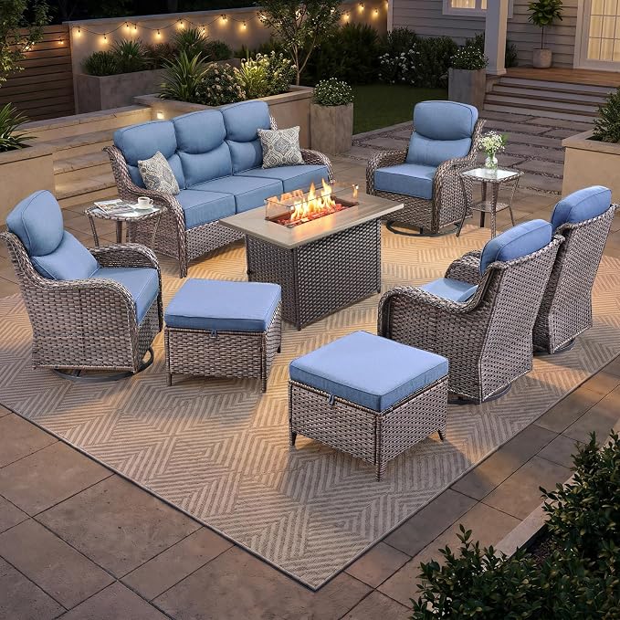 Luxury Patio Furniture Set 10pcs with 6-inch Cushion, Outdoor Furniture with Fire Pit Table, Swivel Chairs, Sofa, Side Table, Ottomans, Patio Set for Deck Yard Brown Wicker | Blue Cushions