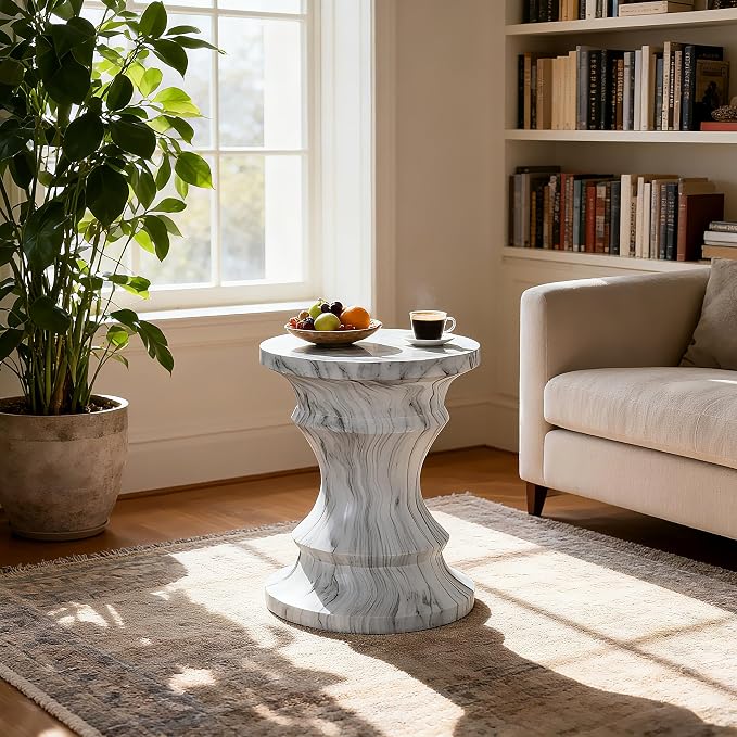 Outdoor Side Table Round Concrete Side Table Faux Stone End Tables Cement Accent Tables Patio Garden Stool Plant Stand for Porch, Backyard Balcony,15.35",Grey