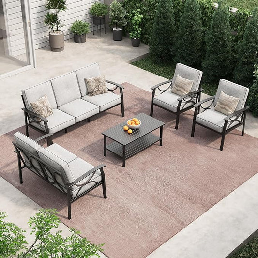 RoyalCraft Outdoor Patio Furniture Set, 5 Piece Patio Conversation Set with Coffee Table, Metal Furniture Set for Porch Backyard Garden, Black