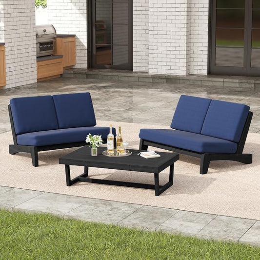 3 Pieces Patio Furniture Sets, All-Weather Outdoor Wood Bistro Set Patio Conversation Coffee Table Chiars and Patio Loveseat for Balcony, Backyard