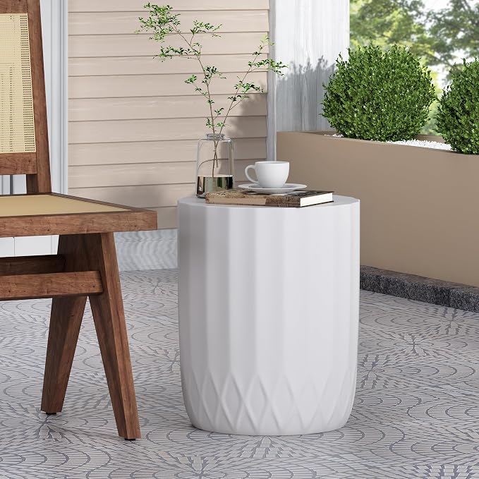 Outdoor Side Table 15" Geometric Shape Lightweight Concrete-Look Outdoor Indoor Accent Table Decorative Garden Stools, for Patio Porch Living Room, White
