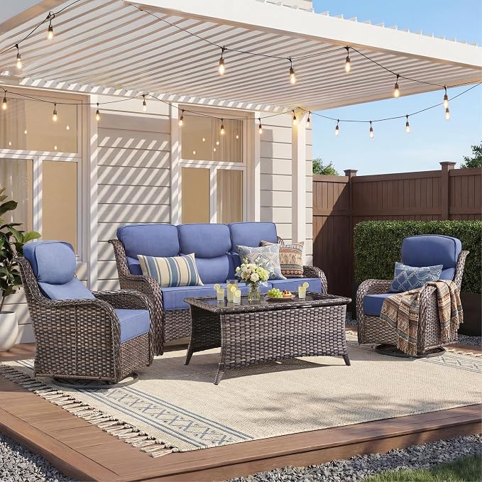 Luxury 4 Pieces Patio Furniture Set-Outdoor Swivel Rocker Patio Chairs with 6" Extra Thick Cushions, High Back Outdoor Couch and Coffee Table, Wicker Conversation Sets for Porch Deck(Brown/Blue)