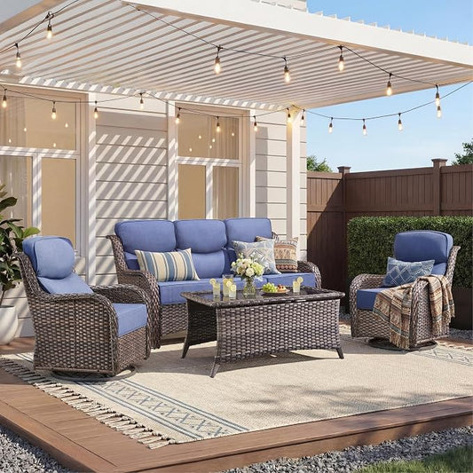 Luxury 4 Pieces Patio Furniture Set-Outdoor Swivel Rocker Patio Chairs with 6" Extra Thick Cushions, High Back Outdoor Couch and Coffee Table, Wicker Conversation Sets for Porch Deck(Brown/Blue)