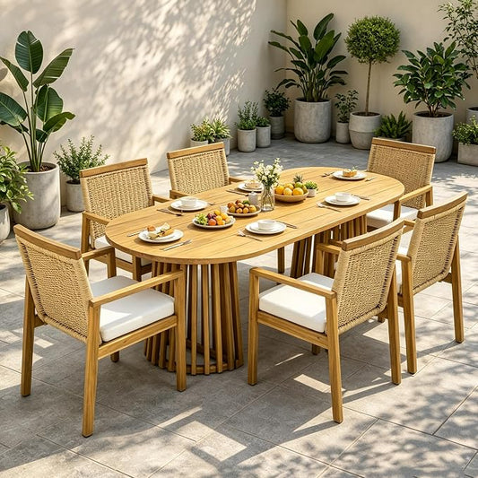 Christopher Knight Home Kora Acacia Wood Dining Table Set for 6, Outdoor Dining Set for 6, Rustic Oval Patio Dining Table and Chairs Set with PE Wicker Backrest & Soft Cushions, Teak+Natural+Beige