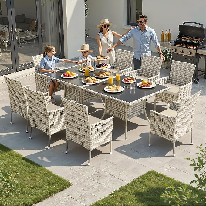 10-Piece Patio Dining Set, Patio Furniture Set with Square Tempered Glass Table & 8 Wicker Chairs, Expandable Design for Larger Groups, Outdoor Furniture for Backyard, Deck, Garden, Beige