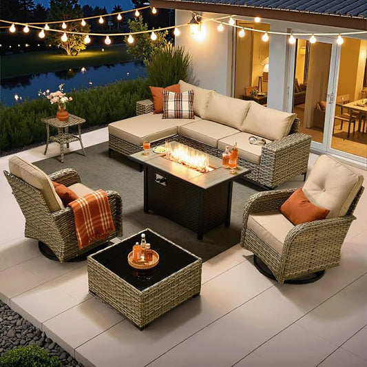 ovios 9-Piece Patio Furniture Set with L-Shape Sofa Chaise, Outdoor Sectional Couch Swivel Gliders Fire Pit Table, Modern Modular Wicker Rattan Conversation Set, Beige