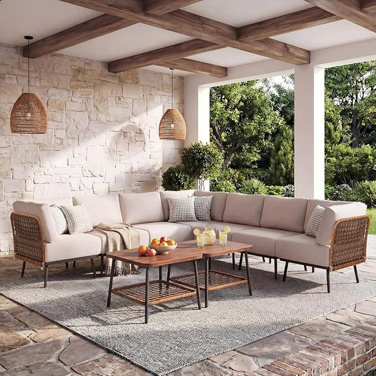 9-Piece Patio Conversation Sets, Rattan Outdoor 7-Seat Sectional Sofa, Wicker Modular Furniture with 2 Storage Coffee Tables for Backyard, Garden, Porch