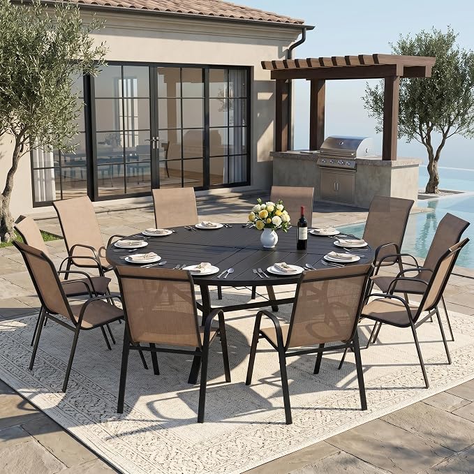 DIFY 11 Piece Outdoor Dining Set, 63" Black Round Metal Dining Table and Brown Textilene Stackable Patio Chairs, Patio Table and Chairs Set for 10 with Umbrella Hole for Backyard Garden Deck