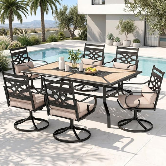 PHI VILLA Patio Dining Set, for 6, Swivel Chairs | E-Coated and Steel, Rectangle Table, Beige Cushion, 1.57" Umbrella Hole
