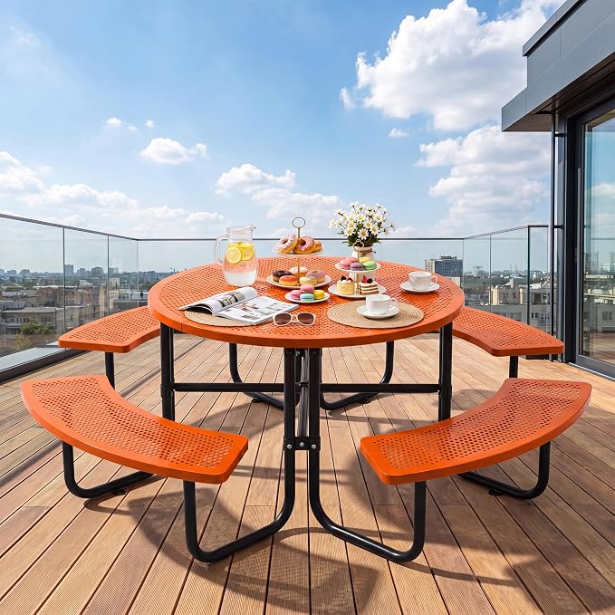 46" Outdoor Round Perforated Picnic Table Metal Camping Table with Umbrella Hole - Heavy Duty Steel Mesh Picnic Bench Set for Backyard Garden Deck, Orange