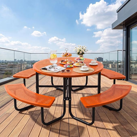 46" Outdoor Round Perforated Picnic Table Metal Camping Table with Umbrella Hole - Heavy Duty Steel Mesh Picnic Bench Set for Backyard Garden Deck, Orange