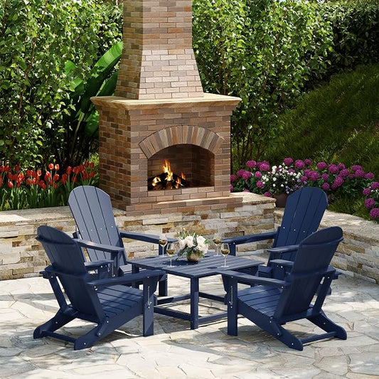 Costaelm Patio Conversation Set, 5 piece Balcony Furniture, Small Patio Firepit Furniture Outdoor Adirondack Square Coffee Table and Chair for Backyard Lawn Porch Pool Garden, Navy Blue
