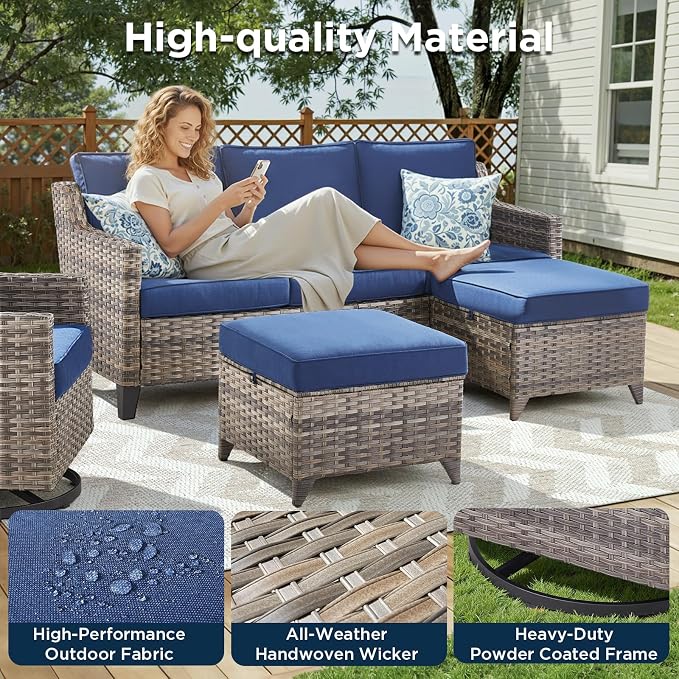 7 Piece Outdoor Patio Furniture Set-All Weather Outdoor Conversation Sets Sectional Sofa with Wicker Swivel Rocker Patio Chairs,Thick Cushions Ottomans for Porch Balcony Patio Deck Grey/Blue