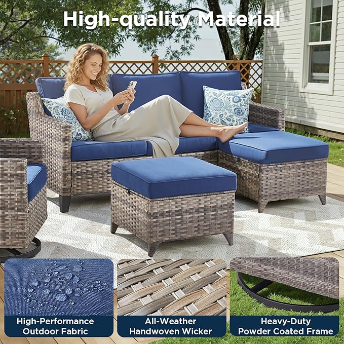 12 Piece Patio Furniture Set-High Back Outdoor Furniture Set Sectional Sofa with Wicker Swivel Patio Chairs,Comfy Cushions Ottomans for Porch Balcony Patio Deck Grey/Blue