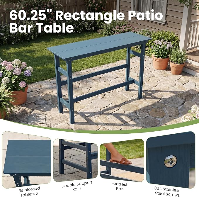 3 Piece Outdoor Bar Table and Chairs Set, HDPE Outdoor Bar Table Set with Aluminum Reinforced Tabletop, All Weather Bar Height Patio Bistro Set for Balcony/Porch/Backyard, Blue