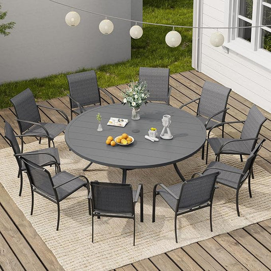 VICLLAX Round Outdoor Dining Set, Patio Table and Chairs Set Set of 10 Patio Stackable Chairs and 63" Outdoor Round Table with Umbrella Hole for Lawn Garden, Dark Grey Chairs and Dark Grey Table