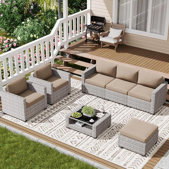 LOUVIXA 7 Piece Outdoor Patio Furniture Set, Rattan Chairs Glass Table Wicker Conversation Seating Sectional Sofa with Cushions (Grey White-Camel, 7Pcs-2 Layer Coffee Table)