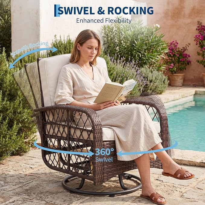GarveeLife 3 Piece Swivel Wicker Patio Furniture Set, Outdoor Rattan Swivel Chairs with Side Table, All-Weather Conversation Set for Patio, Deck or Backyard, Brown Gradient Wicker with Beige Cushions